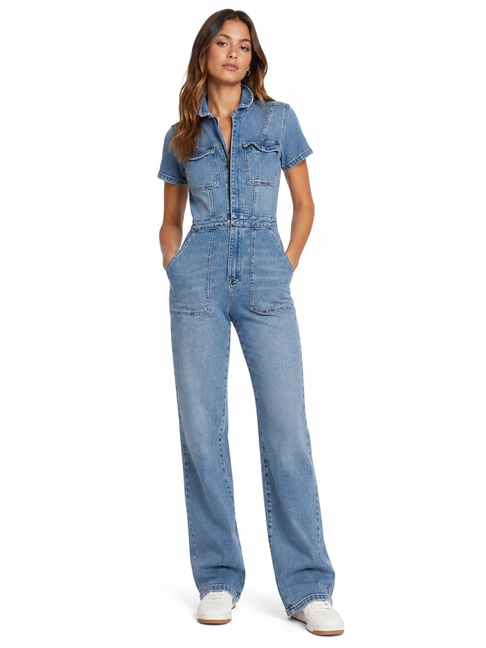 Good American Light Blue Short-Sleeve Denim Jumpsuit
